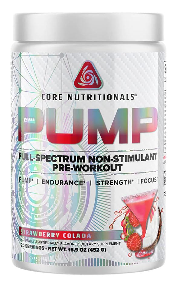 Core Nutritionals Pump Full- Spectrum Non-Stimulant Pre-Workout, N03T Nitraatti, Peak02, Alpha GPC, Maksimipumppu, vahvuus, ja suorituskyky 20 Servings (Strawberry Colada)