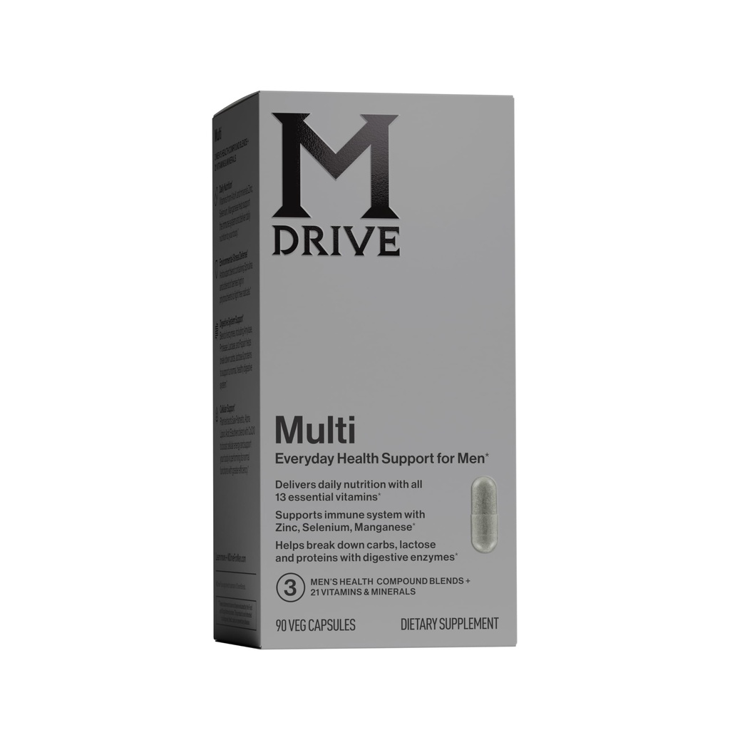 Mdrive Multivitamin för Män, Daglig Multivitamin - Immunhälsostöd från Zink, Selen, Mangan & Vitamin D, Enzymer för Digestive Support, Q10 för energi och vitamin K2, 90 kapslar