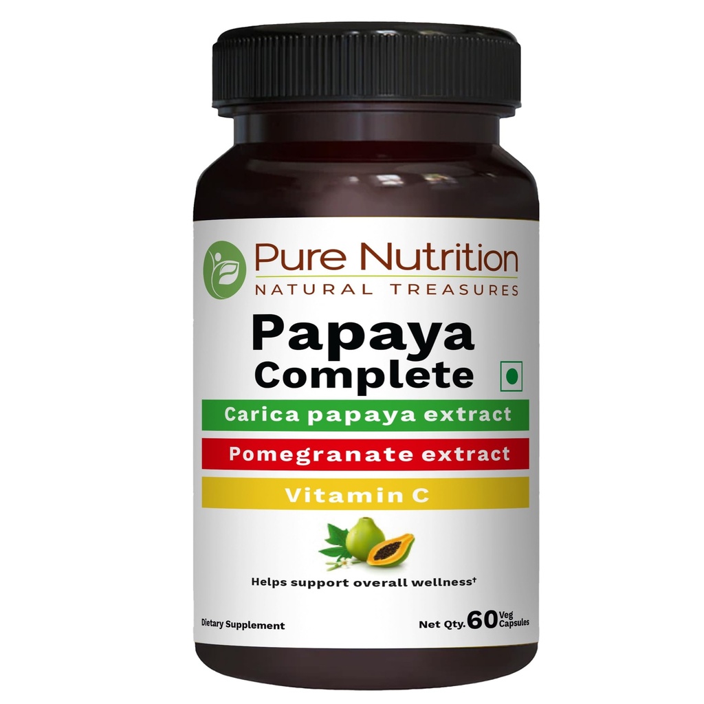 Pure Nutrition Papaya Complete - 60 Veg-kapselia (Tukee Platset Immuniteettia ja digestiota) Kapseli sisältää 500 mg Carica Papaya Fruit and Leaf Extract. Ei-GMO:t