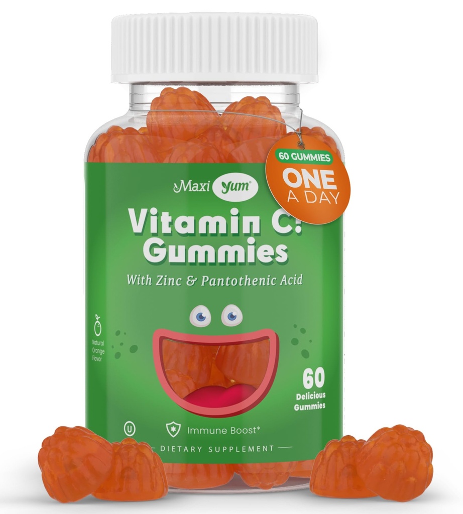 Maxi-Health C-vitamiini Gummies sinkki - Maxi-Health C-vitamiinin sinkki lapsille ja aikuisille - hengitysteiden tuki ja immuuni Booster - Ei säilöntäaineita ja tekonurmi - 60 Hedelmät Shaped Gummies