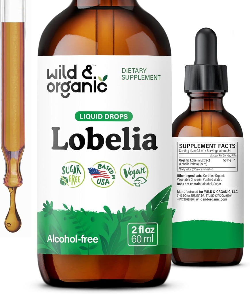 Wild & Organic Lobelia Tincture - Herbal Lung Cleanse och Detox - Liquid Lobelia Extract Supplement - Vegan, Sugar & Alkoholfri Herb Drops - 2 fl oz