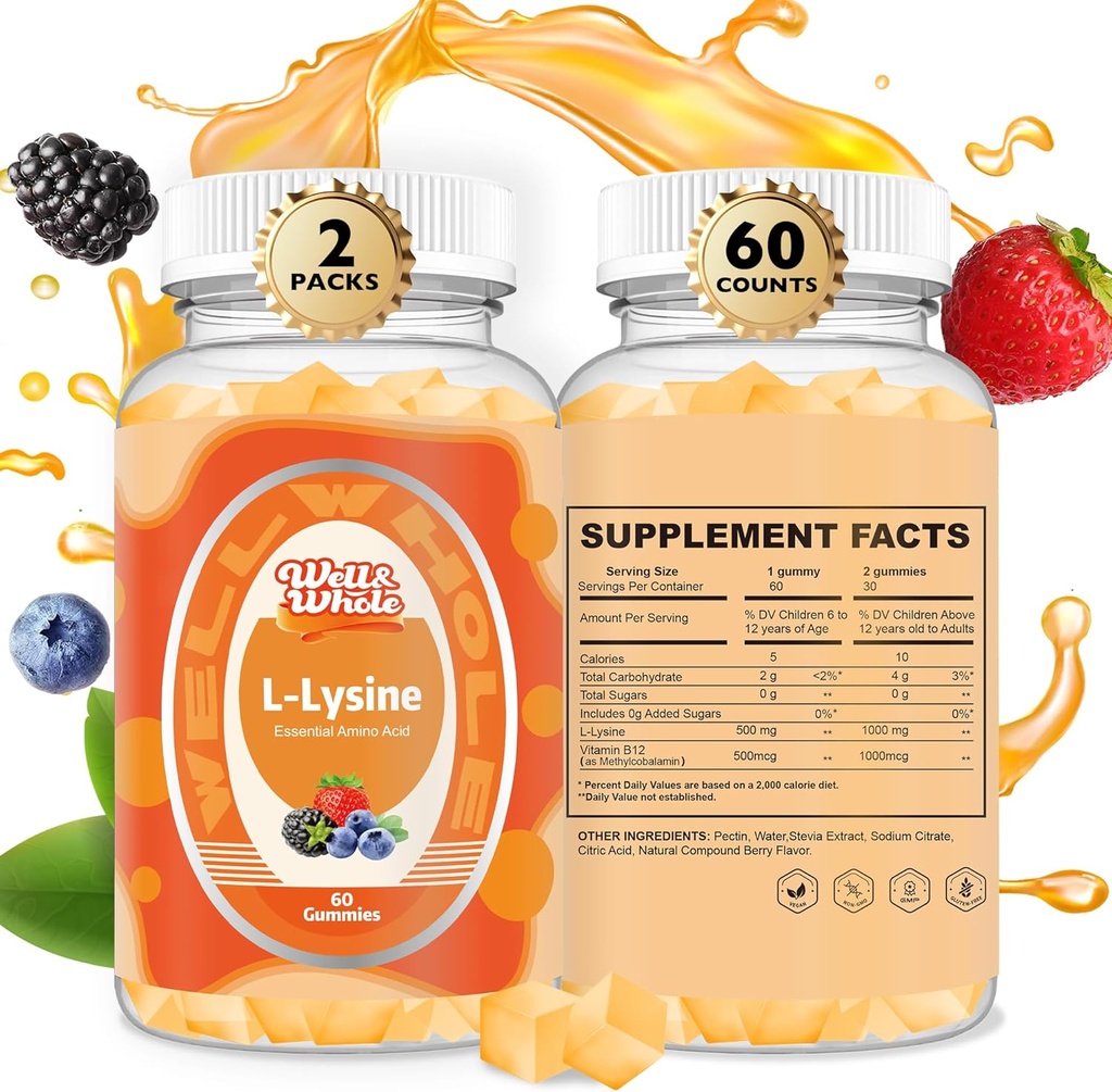L-Lysine Gummies 1000mg - L-Lysine lisäravinteet lapsille ja aikuisille - Lip and Cold Sore * Tuki naisille - Pureskeltava Lysiini Gummies kanssa B12-vitamiinia - Vegaani, ei GMO, Gluteeniton, 120 Counts