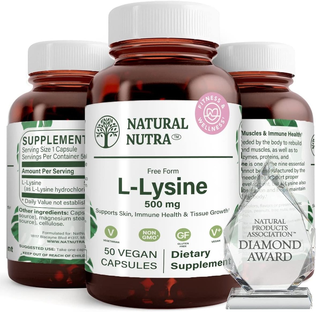 Natural Nutra L Lysiini HCl, Edistää luun terveyttä ja kasvua, tukee ihon terveyttä, parantaa C-vitamiinin imeytymistä, auttaa rakentamaan kollageenia, parantaa kalsiumin imeytymistä, ei-GMO, Vegan, 500 mg, 50 kapselia.
