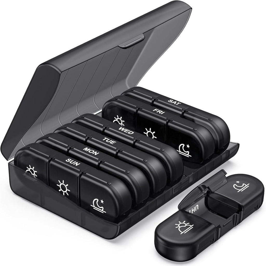PULIV Viikoittain pilleri Organizer 3 Kertaa päivässä, Kannettava matka pillerilaatikko 7 päivää suuria pillerisäiliöt, Light-Proof pilleri tapauksessa vitamiineja, lääkkeitä, täydentää ja kalaöljyjä (musta)
