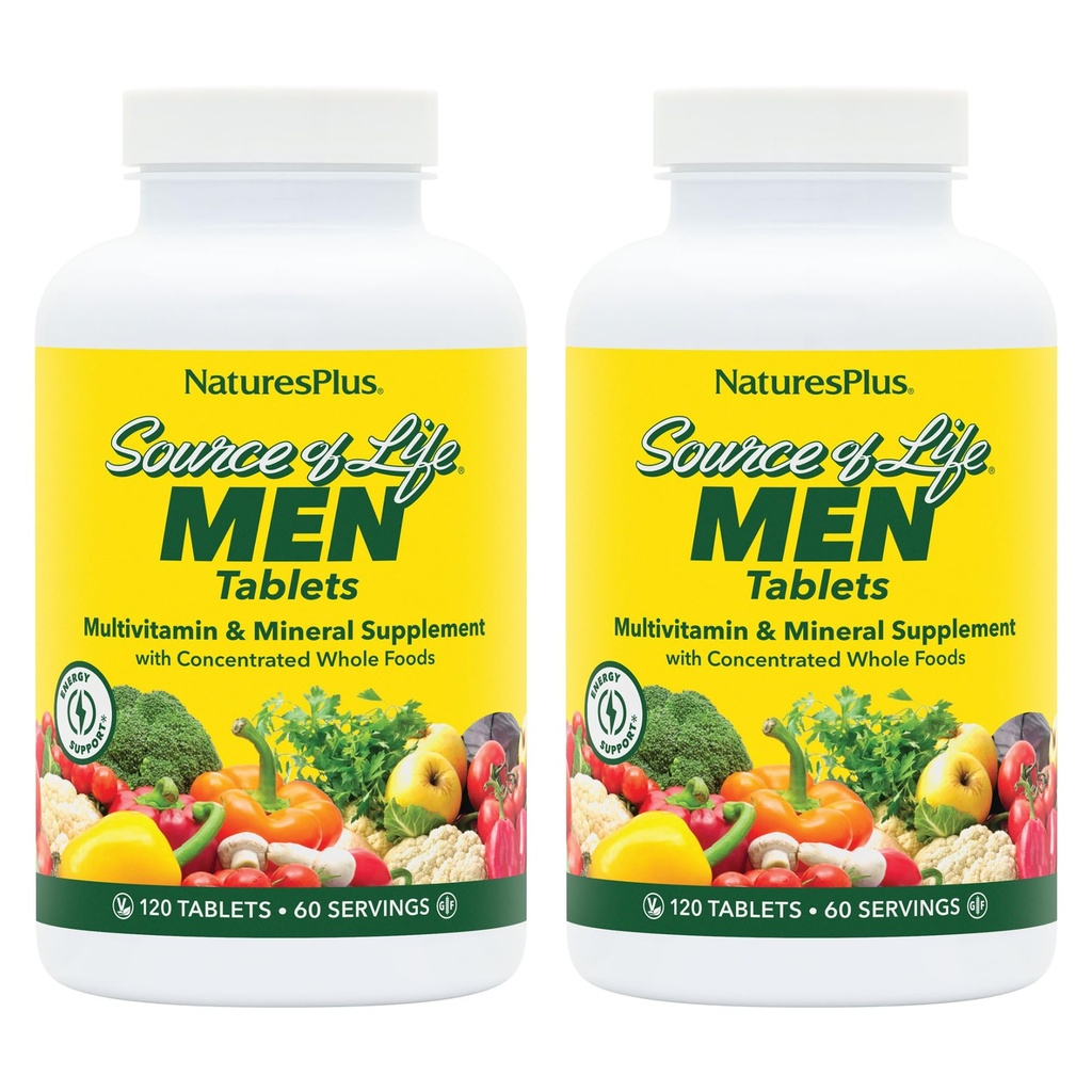 NaturesPlus Elämän lähde Miehet - 120 tablettia, 2 tabletin pakkaus - Iron-free Multi-Vitamin & Mineral Supplement - with Saw Palmetto, Lycopene & Lutein - Gluteeniton, kasvissyöjä - 120 Tarjoilut yhteensä