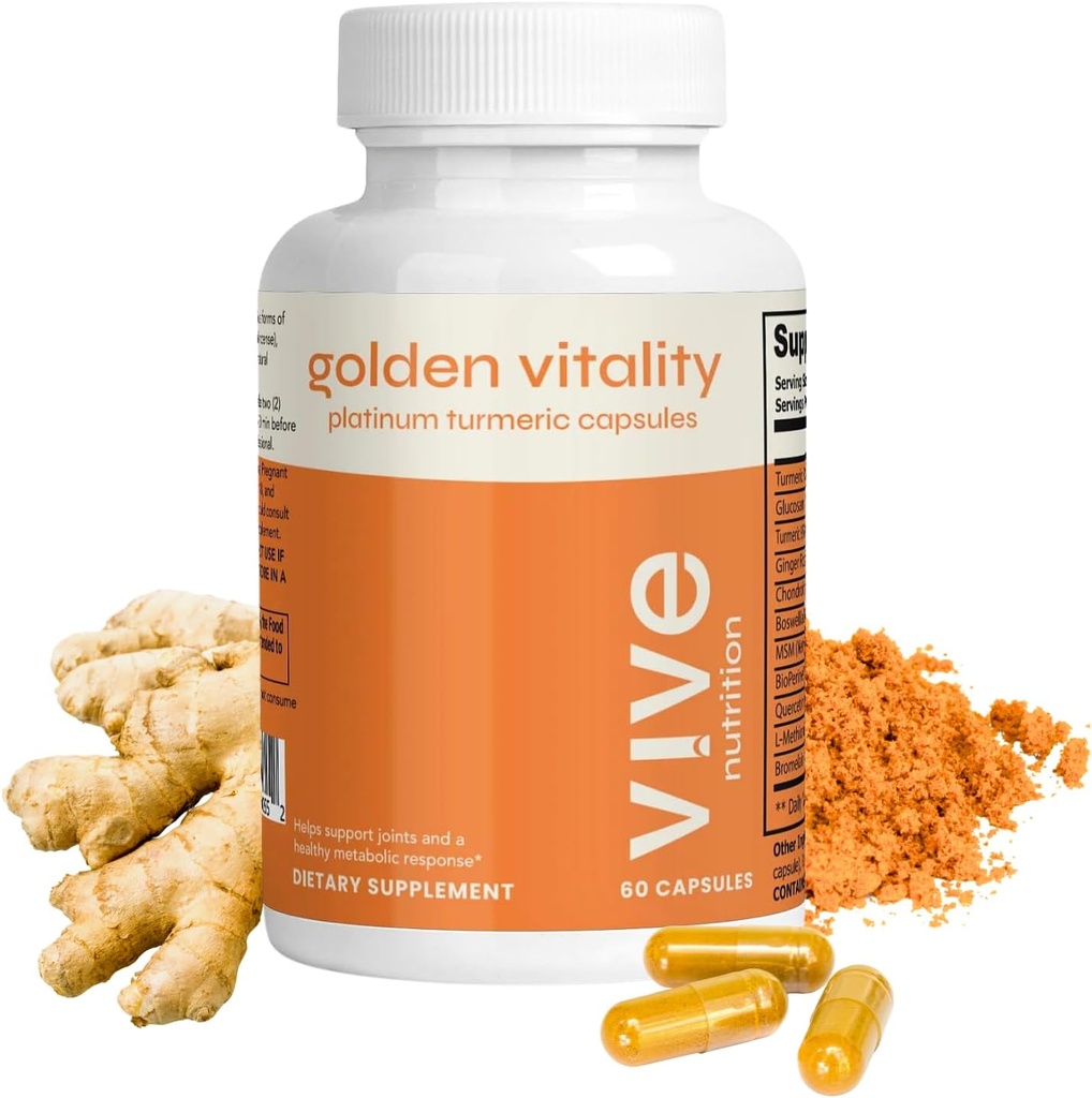 Golden Vitality Turmeric Curcumin Capsules - Platinum Blend med 95% Curcuminoids, Glucosamine, Chondroitin, MSM & BioPerine - Joint & Bone Support - 60 Count, 30 Days Supply