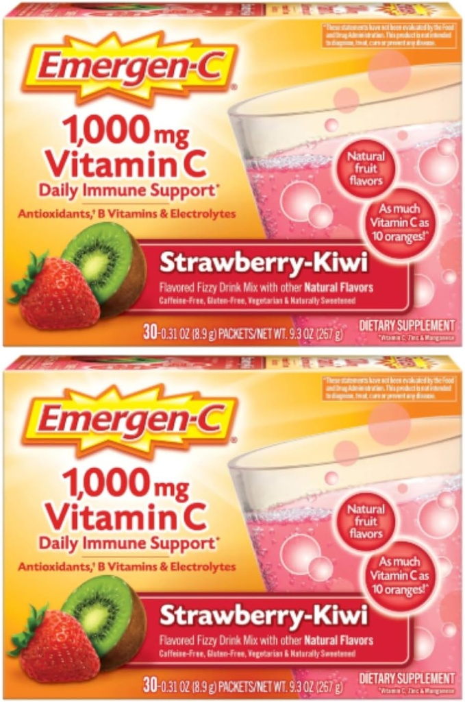 Emergen-C 1000 mg C-vitamiini Kuiva-aine, mansikkakivellinen maku, antioksidantit, B-vitamiinit ja elektrolyytit, C-vitamiini täydentää immuunitukea, 30 luku (Pakkaus 2)