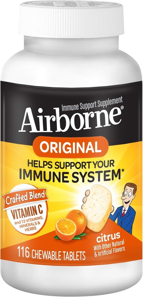 Airborne 1000 mg C-vitamiini + Sinkki-immuuni Support Supplement Purutabletteja, Citrus Flavor kanssa Tehokas antioksidantteja Vitamiinit C & E, 116 Purutablettia (3 pakkaus)