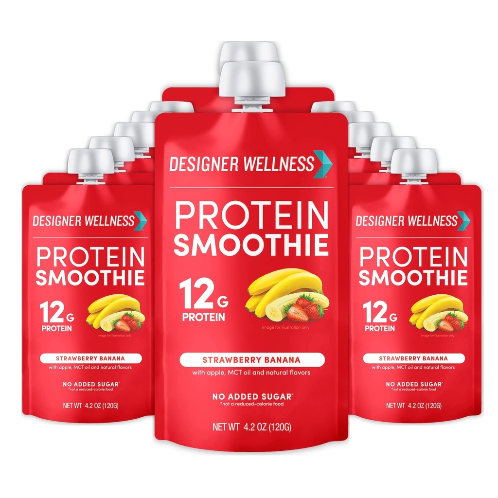 Designer Wellness Protein Smoothie, Real Fruit, 12g Proteiinia, Low Carb, Nolla Lisätty Sokeri, Gluteeniton, Ei GMO:ita, Ei keinotekoisia värejä tai makuja, Mansikkabanaani, 12 kreivi