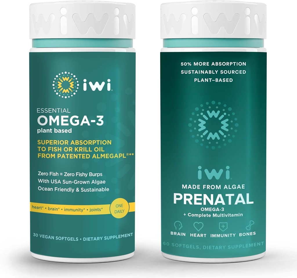 Iwi Omega-3 Essential & Prenatal Multivitamin Bundle, 30 portioner, Vegan Plant-Based Algae Omega 3, Krill & Fish Oil Alternative, No Fishy Aftertaste