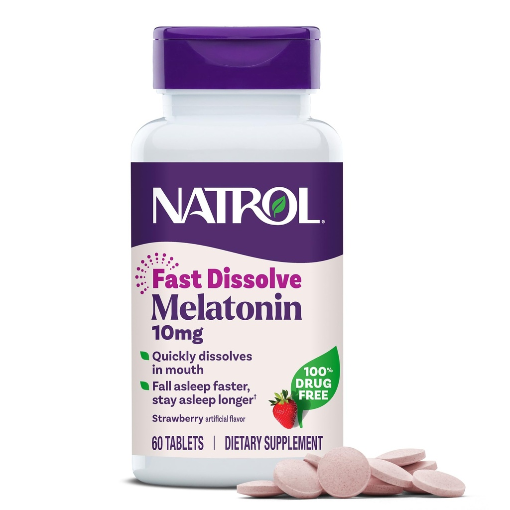 Natrol Melatoniini 10 mg Nopea liuotus Tabletit - Mansikka maku, 60 kreivi, uni tuki, Nopea liuottaminen melatoniini aikuisille, 60 päivän toimitus