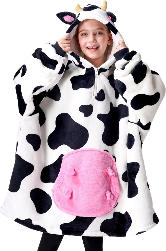 Giggling Getup yllään Blanket Hoodie tytöille ja pojat Sherpa Fleece Hooded Blanket hikipaita Lämmin Kodikas Sherpa yllään Heitä Ylimitoitettu Hoodie jättiläisen tasku & hihat lapsille Cow