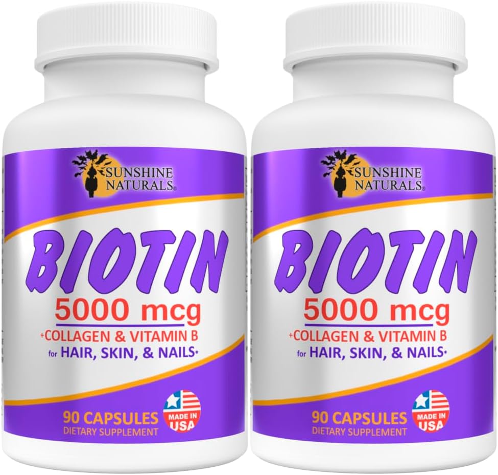 Sunshine Naturals Biotin kosttillskott. för friskare hud, tjockare hår, nageltillväxt. Kollagen, vitamin A, B för håravfall, skönhet, cell förnyelse, skalp hälsa. 5000 mcg. 90 kapslar. Förpackning med 2