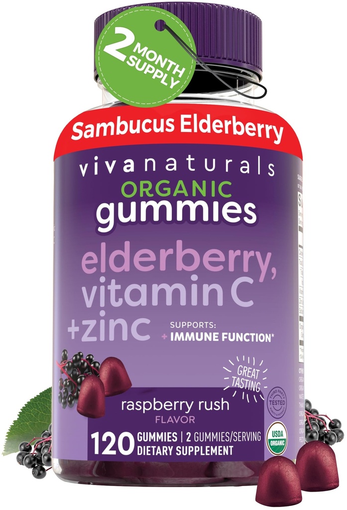 Viva Naturals Organic Sambucus Elderberry Gummies for Aikuinen (120 Count) - 3in1 Musta Elderberry C-vitamiini ja Sinkki Immuuni Tuki Gummies, Purutabletti Elderberry täydentää, Sinkki immuniteetti Gummies