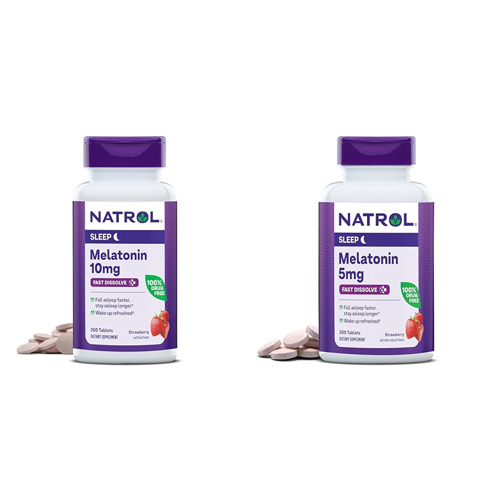 Natrol Melatoniini 10 mg 200 tablettia & 5 mg 200 tablettia Mansikka-Flavored nopeasti ratkaista uni tuki Ruokavalion lisäosa Bundle