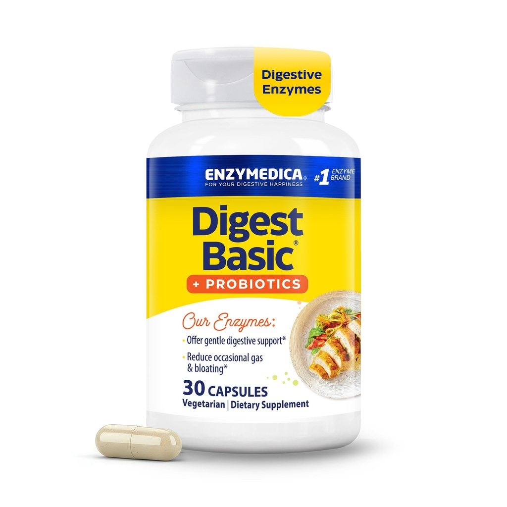 Enzymedica, Digest Basic + Probiootit, Gentle Digestive Enzymes with 400 MIU / Kapseli, 30 Kapselia