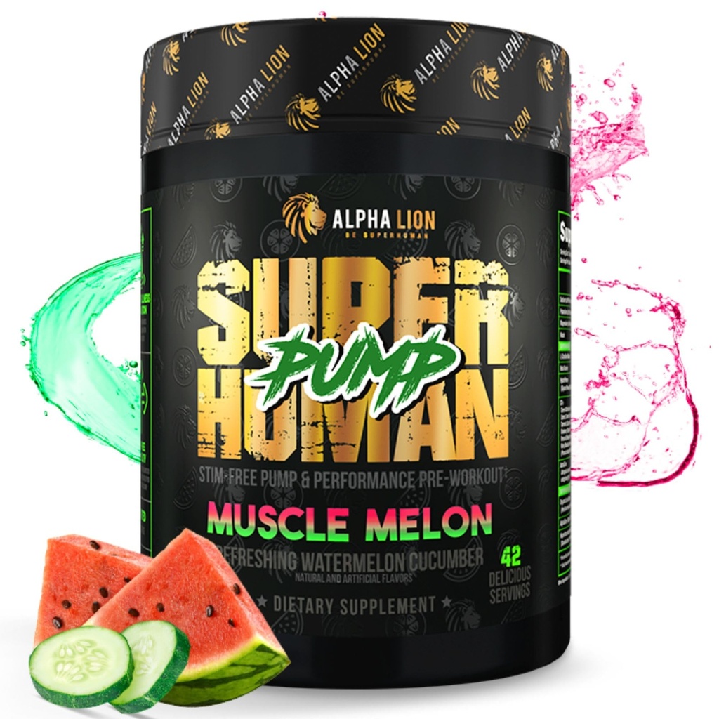 AAKKOSELLINEN LION Superhumanin pumppu Pre harjoitusjauhe, kofeiiniton ja Stim Free Preworkout lisäravinteet, typpioksidi Booster, lihasten kasvua, energia & Focus (42 tarjoilut, lihasmelon maku)