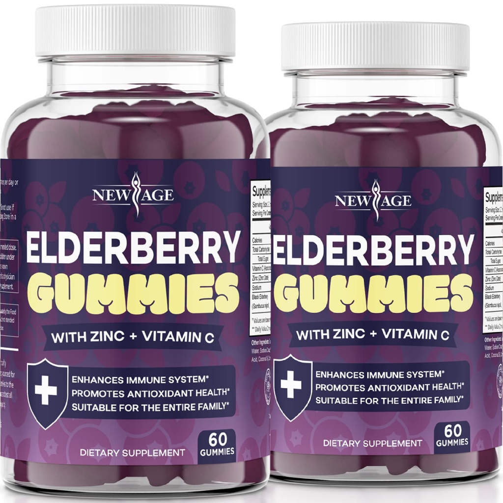 NEW AGE (2-Pack) Premium Elderberry Gummies aikuisille Lapset C-vitamiini, sinkki, Propolis - Sambucus Musta Elderberry Gummy Extract - Gluteeniton & kasvissyöjä - 120 Gummies