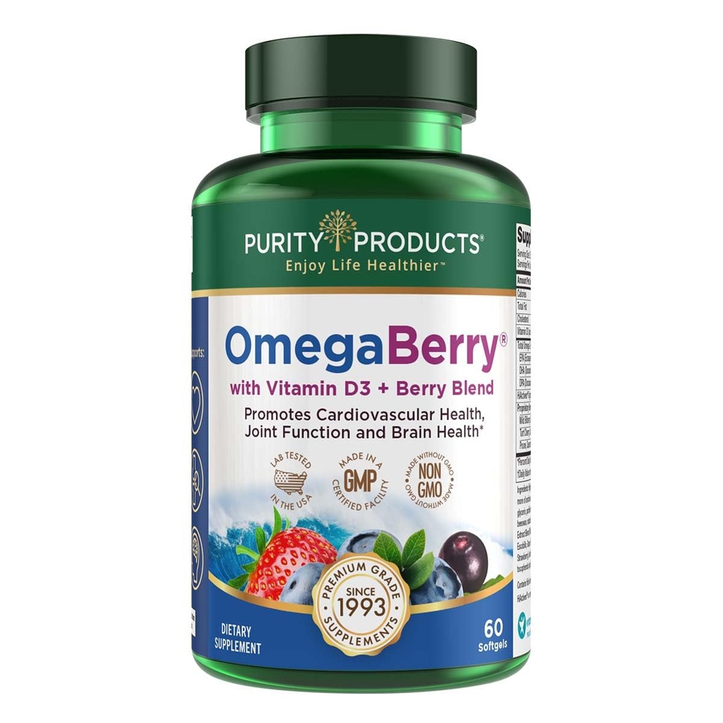 Puhtaus Tuotteet OmegaBerry Fish Oil with D3-vitamiini ja Organic Acai - 1250mg Tiivistetty molekyylitislattu Ultra Pure Omega-3 Fish Oil, 500mg DHA + 650mg EPA - 60 Soft Gels - 30 Day Supply from