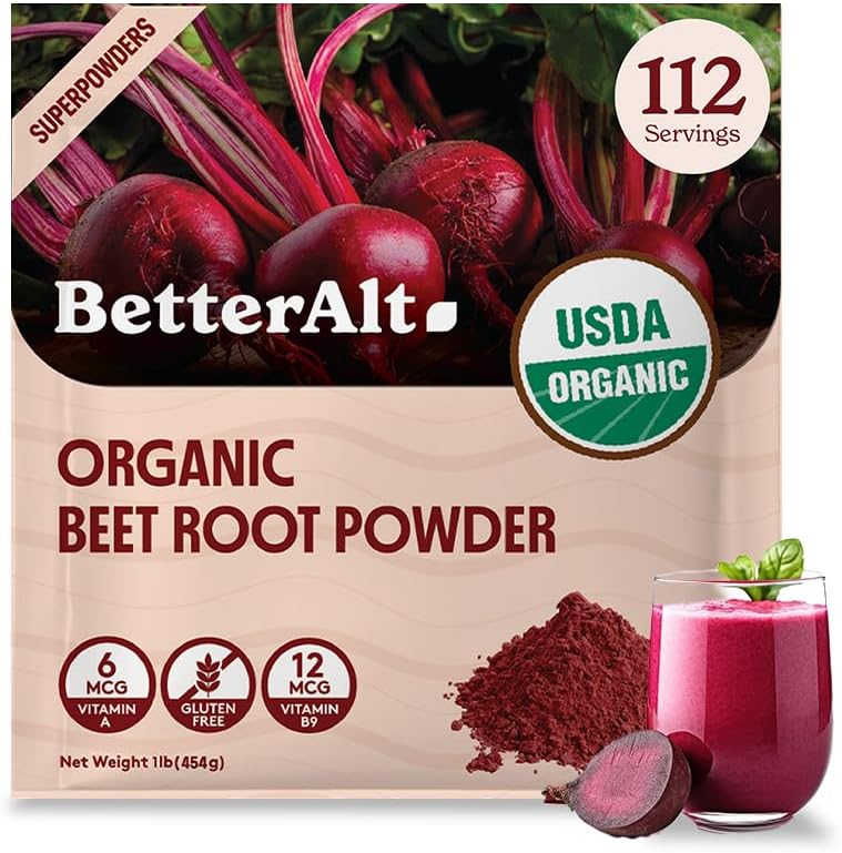 Bättre Alt Organic Beet Root Powder, USDA Certified - Nitric Oxide Supplement, Beet Juice Powder Superfood för hälsosamt hjärta, Beetroot Supplement, Beetroot Powder - 112 portioner, 1 lb