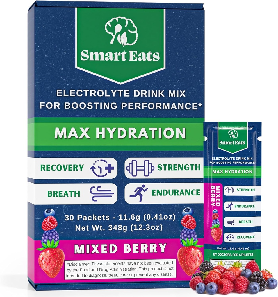 Smart Eats Electrolyte Powder - 1 690mg Elektrolyyttejä, 9 Essential Minerals & Vitamiins, 5 Antioksidantit, Nopea & Energizing Hydration, suunnitellut lääkärit, <1 Gram Sugar, Hapanmarja maku - 30 Packets