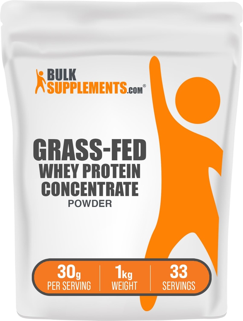 BulkSupplements.com Grass Fed Whey Protein Powder - Whey Protein Concentrate Powder - Mautonta & Gluteenitonta, 30 g per tarjoilu, 1kg (2,2 lbs) (Pakkaus 1)
