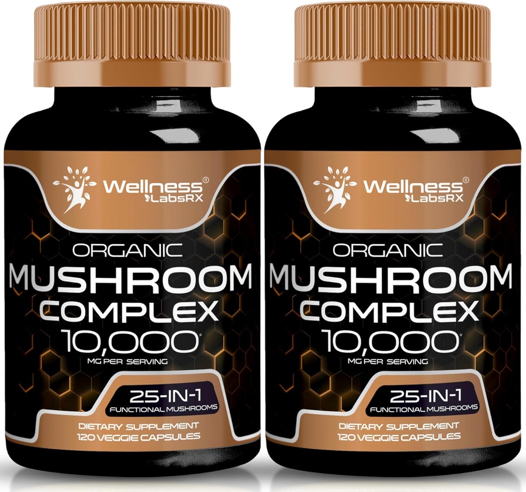WELLNESS LABSRX Mushroom Supplement Capsules 10:1 Extract, Mushroom Complex Capsules 1000mg, Lions Mane Supplement med Turkiet Tail, Cordyceps, Reishi - 2 Pack