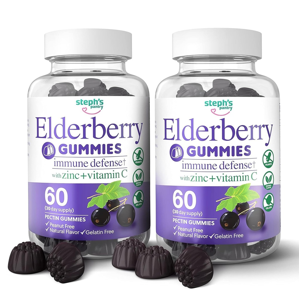 Elderberry Gummies med vitamin C och Zink - Immun Booster Elderberry Gummies för vuxna och barn - Vegan Natural Ingredients Defense Multivitaminer med Antioxidant Support (120 Gummies)
