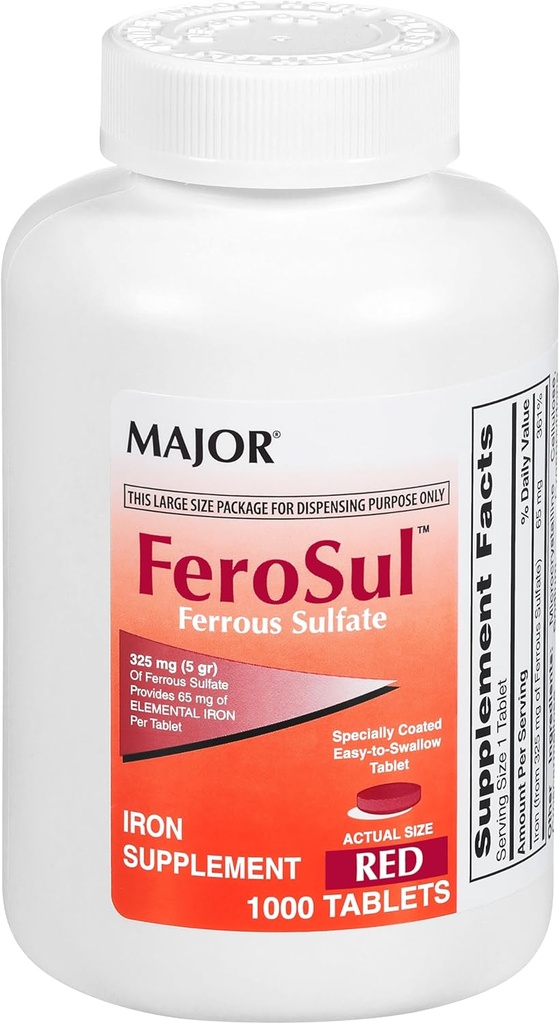 Majuri FeroSul - Ferrous Sulfate 325 mg tabletit - rautalisä naisille ja miehille - erityisesti päällystetty Easy-to-Swallow tabletteja - punainen - 1000 Tabletit