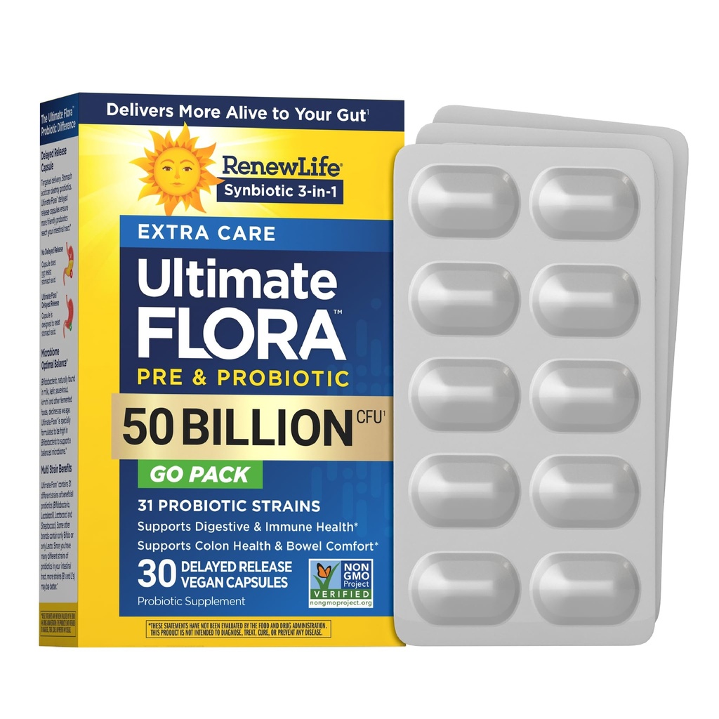 Renew Life Extra Care Go-Pack Probiotic Capsules, Daily Supplement stöder immun, Digestive och andningshälsa, L. Rhamnosus GG, Dairy, Soy och glutenfri, 50 miljarder CFU, 30 Ct