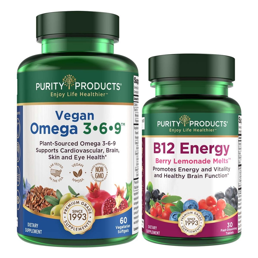 Puhtaus Tuotteet Bundle - Vegan Omega 3-6-9 + B-12 Energia Sulata Omega 3-6-9 (