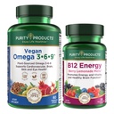 Purity Products Bundle - Vegan Omega 3-6-9 + B-12 Energy Melt Omega 3-6-9 ("5 i 1" Plant-Based Omega 3 6 9 Essential Fatty Acid Complex) - B12 Berry Melt (Methylcobalamin B12 + B6 + D3 + Mer)