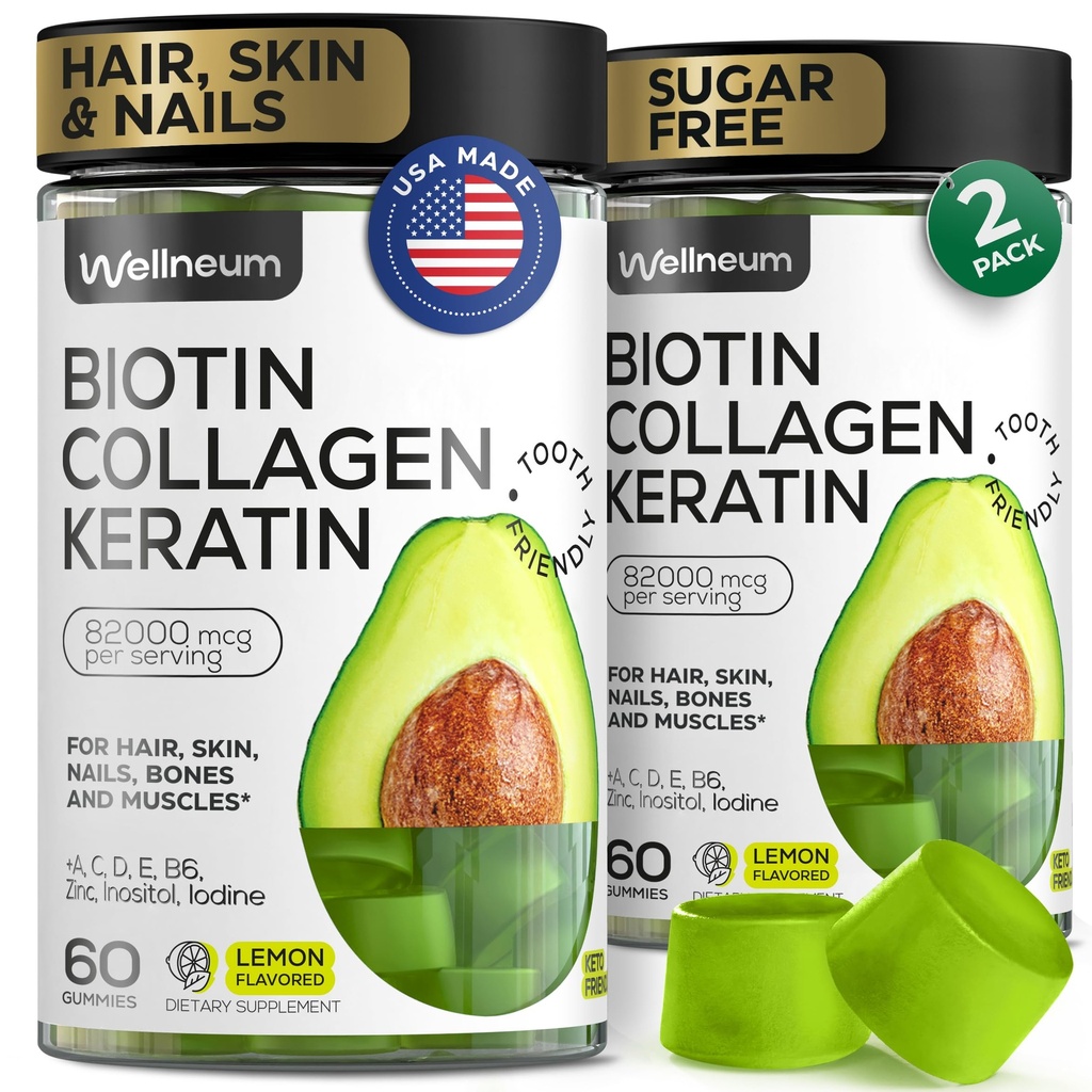 Biotin och Collagen Peptide Gummies for Hair Growth, Skin and Nails 120 Pcs (2 Pack) - 82000 Mcg - Biotin Chewables med Keratin Max Strength - Beauty Gummies for Women and Men - Sugar Free, Non-GMO