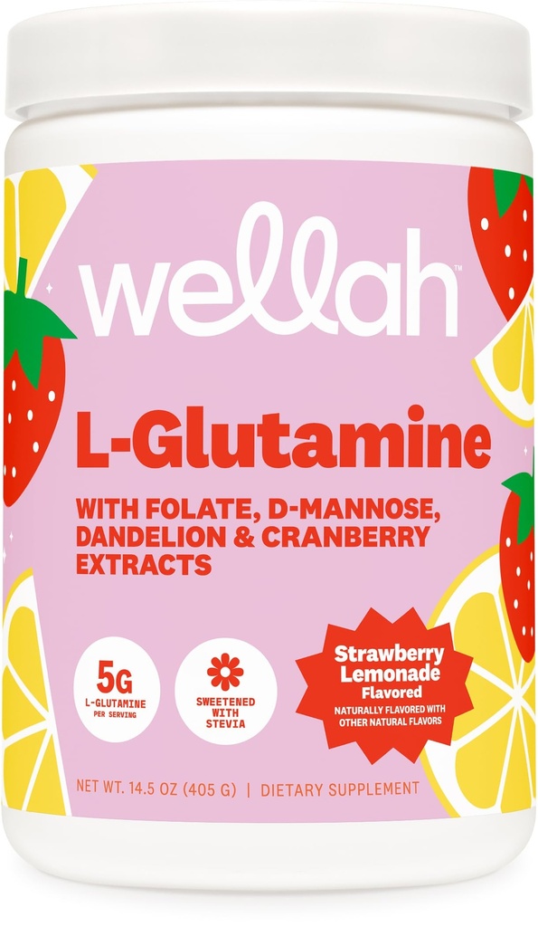 Wellah L-glutamiini Strawberry Lemonade Flavored (50 tarjoilua) - 5g L-glutamiini per tarjoilu, makeutettu Stevian kanssa