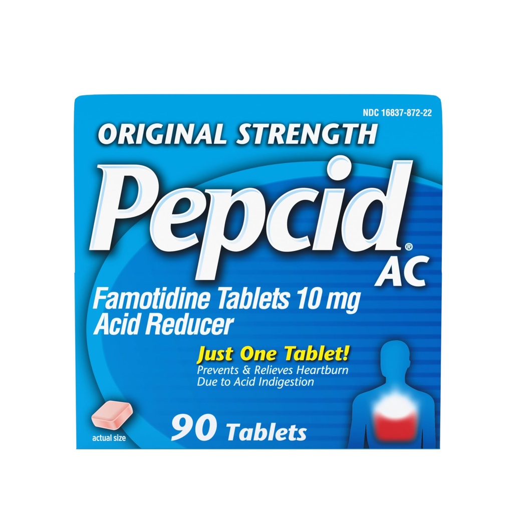 Pepcid AC Original Strength Heathburn Relief -tabletit, OTC-lääkkeet ehkäisevät ja lievittävät närästystä Happoisen ruuansulatushäiriön ja hapan mahan vuoksi, 10 mg fomotidiinihapon reduktori, nopeavaikutteinen, 90 lla