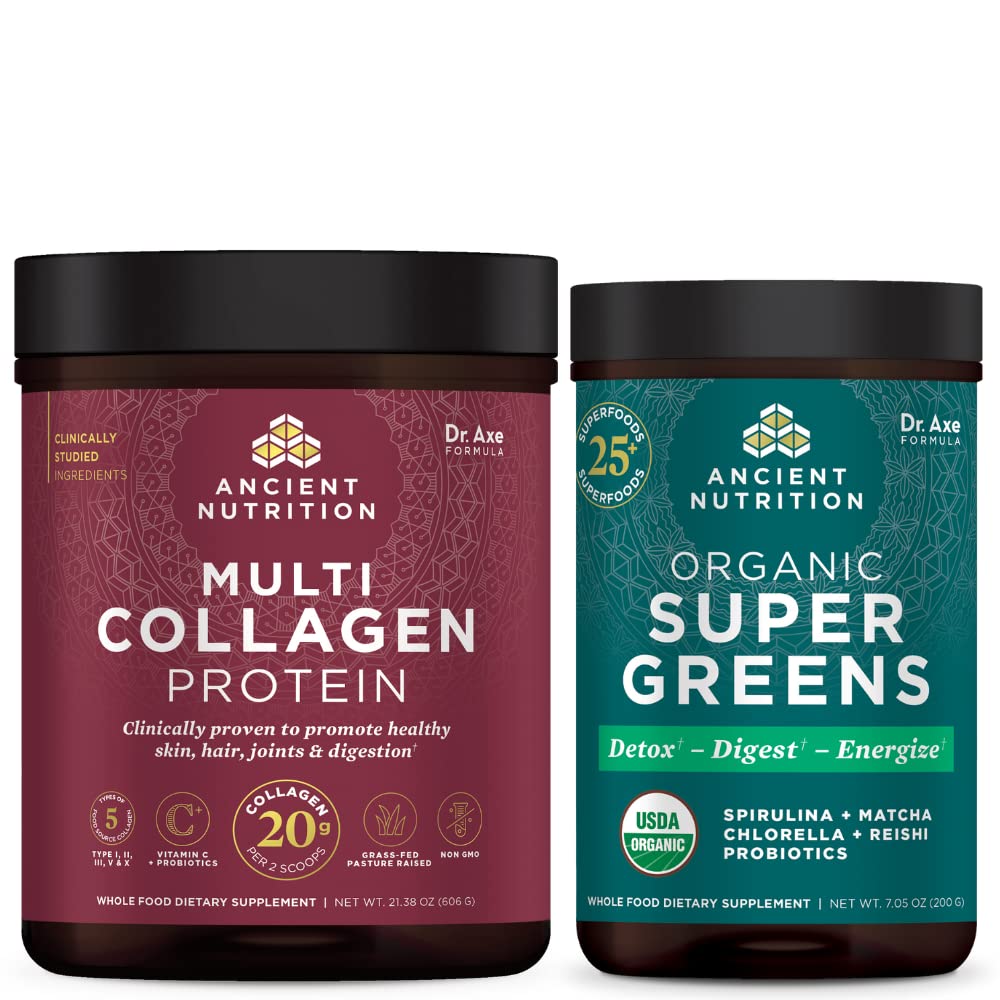 Ancient Nutrition Multi Collagen Protein Powder, Mautonta, 60 tarjoilua + Supergreens Powder, Greens Flavor, 25 tarjoilua