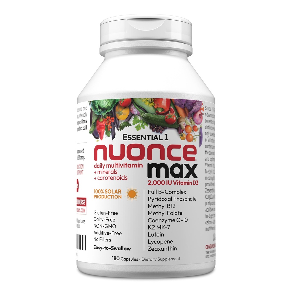 ANDREW LESSMAN Essential-1 nuonce max Multivitamiini 2000 IU D3 180 pieni kapseli. 100 mikrog Metyyli B12. CoQ10 Lutein Lykopeeni Zeaksantiini. Ylivoima. Ei lisäaineita. Ultramild yhden päivän kapseli