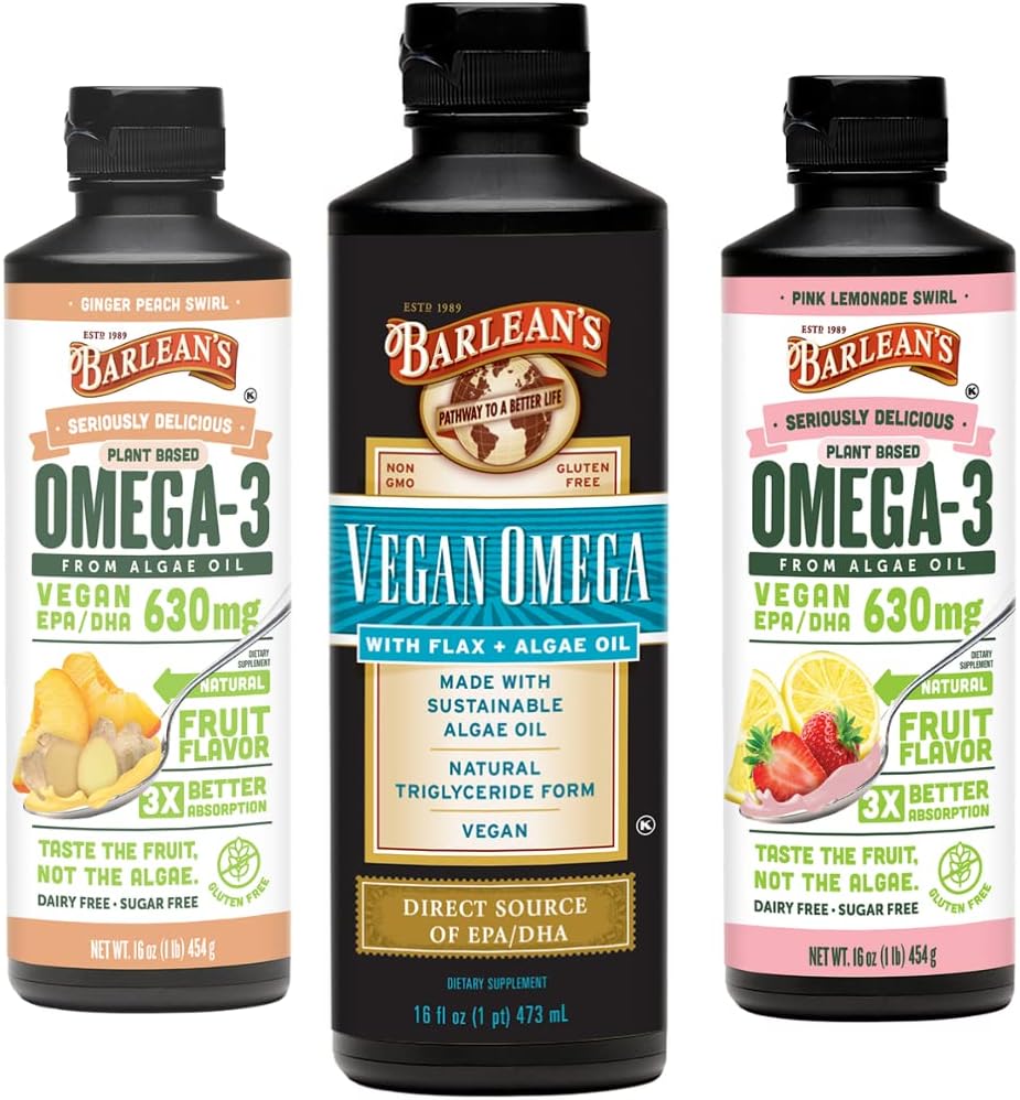Barleans Vegan Omega 3 Algae Oil Liquid Supplement Bundle, Inkluderar Flaxseed och Algae Oil Blend, Ginger Peach och Rosa Lemonade Flavors, EPA och DHA Fatty Acids