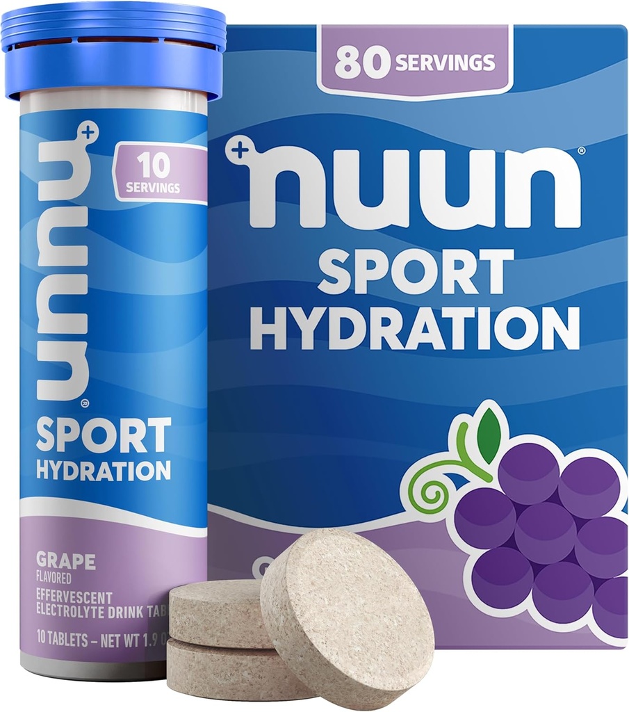 Nuun Sport Elektrolyyttitabletit, joissa on magnesiumia, kalsiumia, kaliumia, kloridia ja natriumia, gluteeniton ja vegaaninen viinirypäle, 8 pakkaus (80 tarjoilua yhteensä)