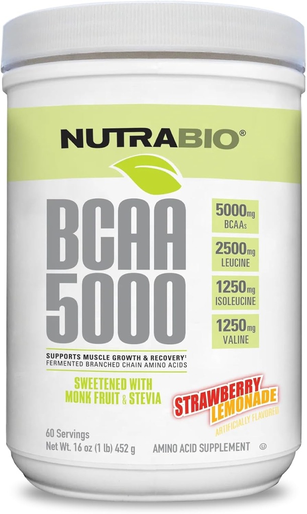 NutraBio BCAA 5000 Pulver - Fermenterad broschad kedja Aminosyror för muskeltillväxt och återhämtning - Naturliga smaker, sötningsmedel och färgning, Vegan, Glutenfri - jordgubbslemonad, 60 portioner
