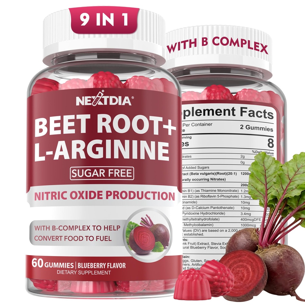 Punajuurikkaat ja L-arginiini, typpioksidilisät miehille ja naisille w/Organic Beets, B1, B2, B3, B5, B6, Folaatti, B12 energiatehostaa ja verenkiertotukea, sokeriton, 120 Cts