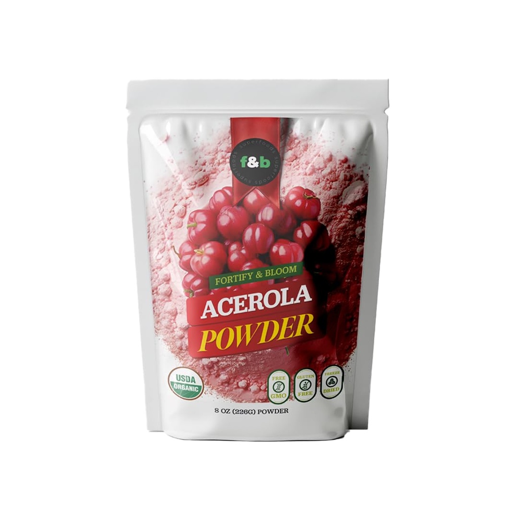 f&b superfoods Pure Organic Acerola Cherry Powder Freeze Dried (8oz), Organic Vitamin C Powder för Immune System Booster, Smoothie, Cherry Juice, acerola Vitamin c Bulk Powder, Brasilien Origin.