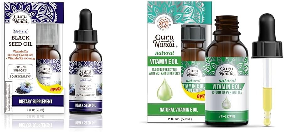 GuruNanda Black Seed Oil, Cold-Pressed Nigella Sativa - Rik i vitamin D3 5000 enheter, K2 & E & Vitamin E Oil (2 Fl Oz) - 100% ren och naturlig, 15 000 IE per flaska för hud, hår, ansikte