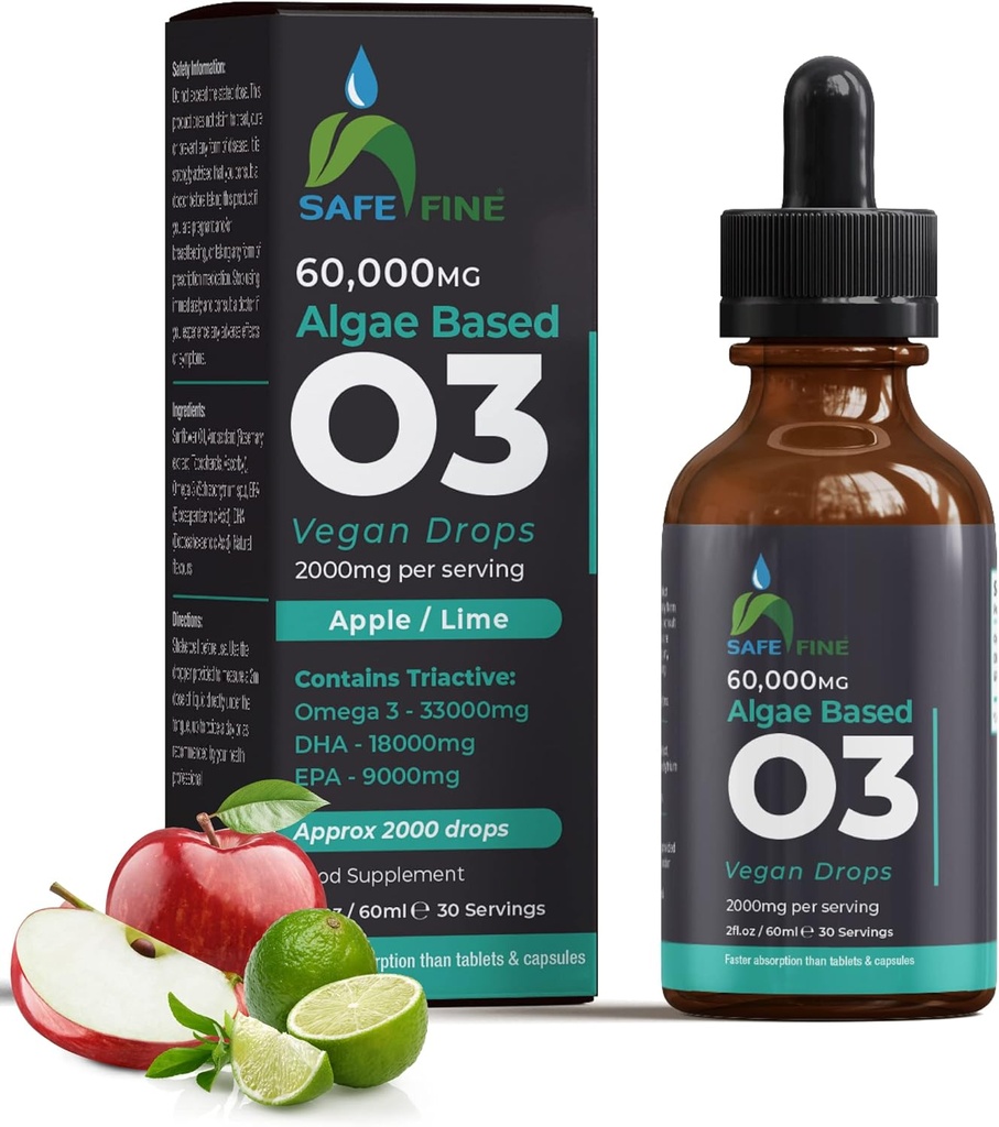 Omega 3 Liquid Vegan Drops - DHA & EPA från Algae Oil - 60 ml Dropper Bottle - 2000 mg per portion - Stöder överlag Body Wellness Supplement för hela familjen