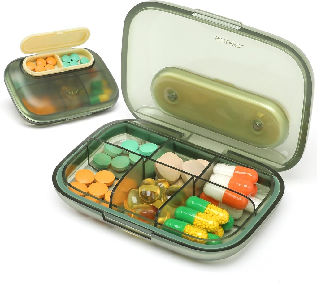 Toplive 6 Compartments Small Pill Case Travel Pill Organizer Pocket Medication Travel Case Portable Small Pill Container med Magnet Light-Proof Mini Pill Box, Green