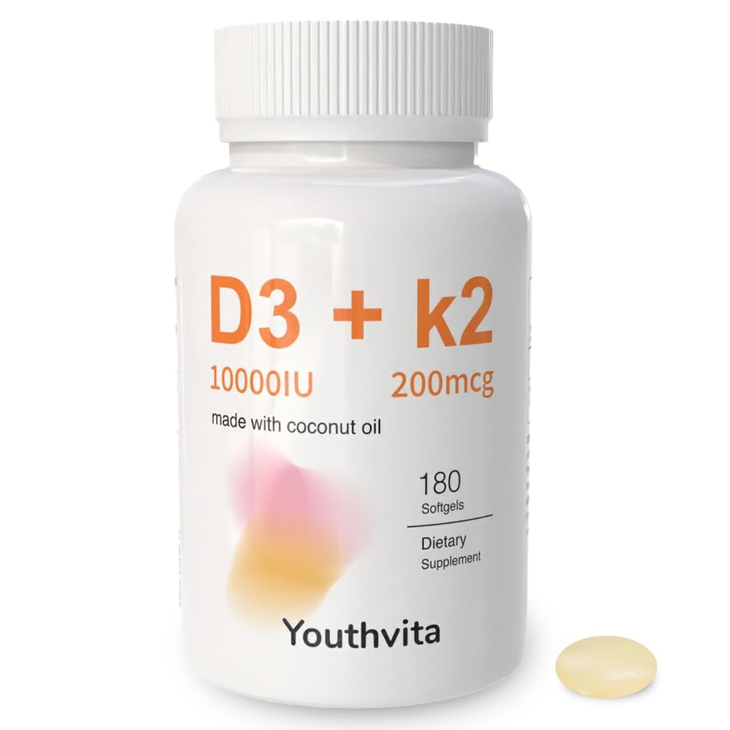 d3 k2 Vitamin 10000 iu, 180 Coconut Oil Softgels | 2 i 1 Vitamin Supplement D3 10000 IE & K2 (MK7) 200 mcg, Lätt att svälja, Stöder Calcium Absorption, Ben Immune, & Hjärthälsa