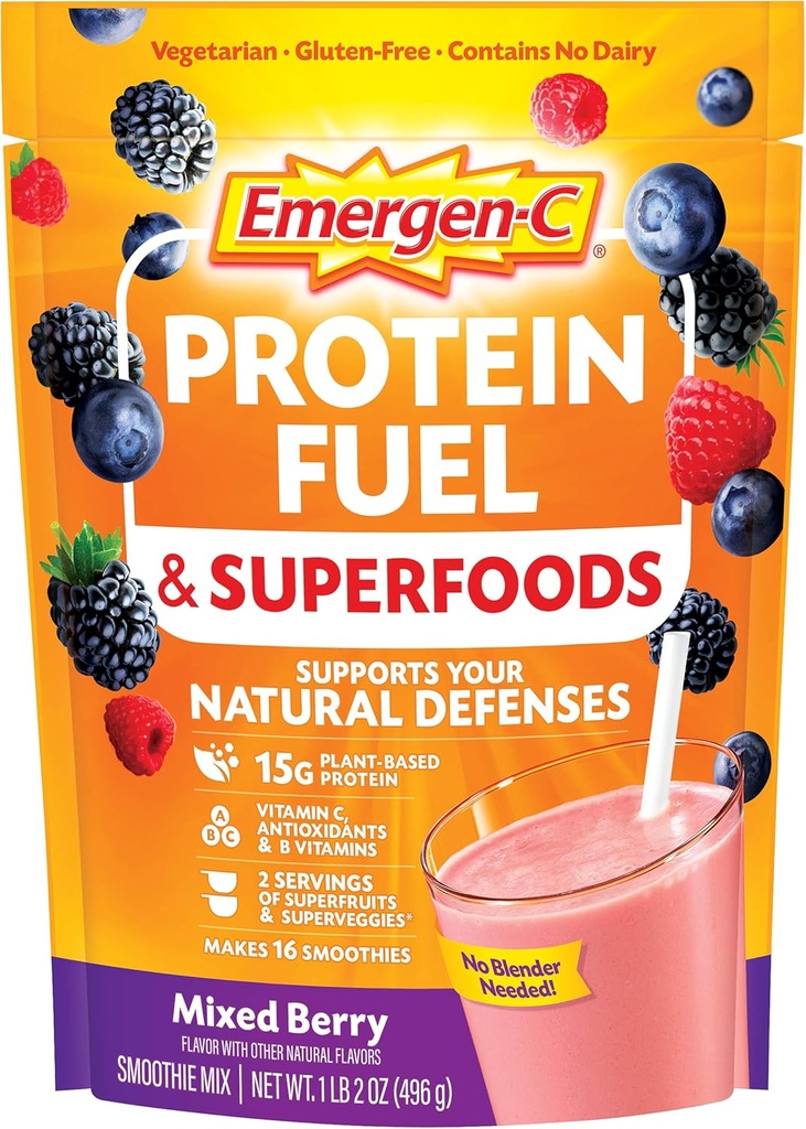 Emergen-C Protein Powder Fuel & Superfoods (16 portioner, blandad Berry Flavor) Plant-Based & Vegetarian Shake Mix med organiska Superfoods, vitamin C & andra antioxidanter