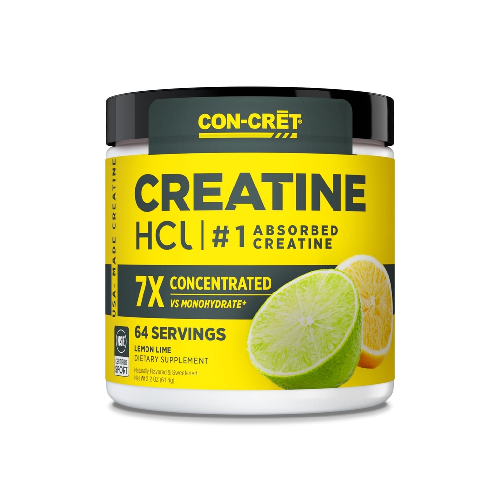 CON-CRET Creatine HCl Powder | Muskel, kognitiv, cellulär energistöd | Inget uppblåst eller kramper | USA Made & NSF Certified | Lemon Lime (64 Servering)