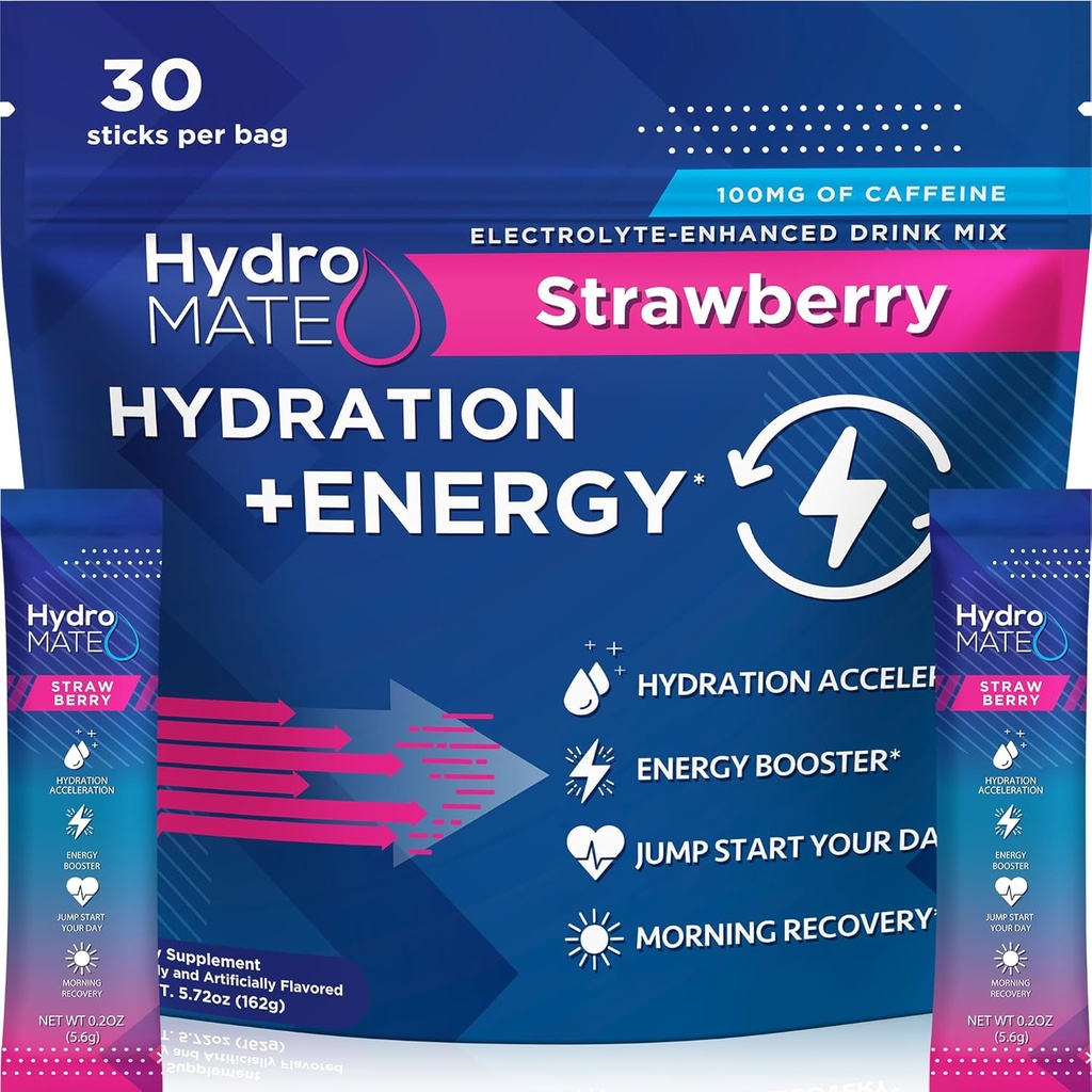 HydroMATE Elektrolyytit Powder Drink Mix Packets Hydraation Accelerator Low Sugar Rapid Party Relief Recovery C-vitamiini Plus kofeiini Mansikka 30