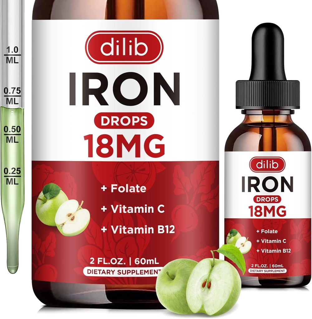Flytande järntillskott för kvinnor och män järn droppar järntillskott för anemi med folat, vitamin C, B12 för röd blodcellsupport-gröna Apple smak, 2 Fl Oz